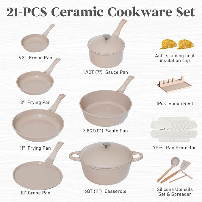 21Pcs Pots and Pans Set with Aluminum Lid, Nonstick Ti-Ceramic Cookware Sets, Induction Cookware Non Stick Cooking Set w/Frying Pans & Saucepans(PFOS, PFOA Free)-Taupe