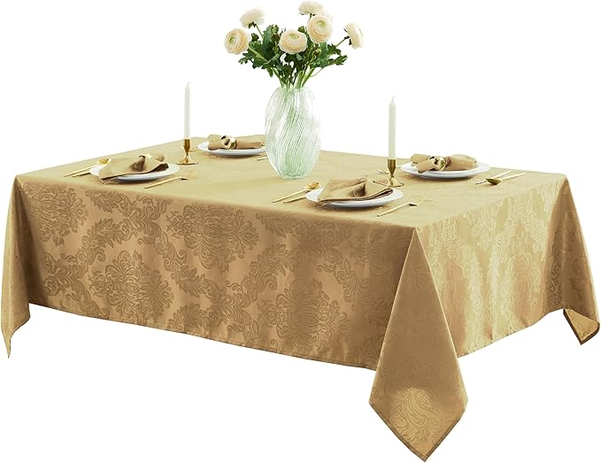 Newbridge Christmas Barcelona Damask Fabric Tablecloth, 52 x 70 Inch Rectangle, Gold – No Iron, Soil Resistant Table Cover for Dining, Parties and Holidays