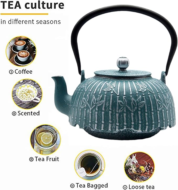Tea Kettle, Japanese Cast Iron Teapot with Stainless Steel Infuser, Cast Iron Tea Kettle, Durable Teapot Coated with Enameled Interior (40.6oz Blue-green Bamboo Leaf Pattern)