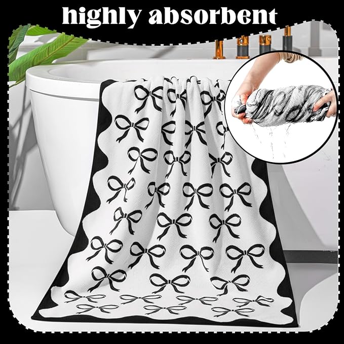 2 Pcs Black Bow Bathroom Towels 100% Cotton Coquette Bow Bath Towels 28 x 55 Inch Absorbent Soft Preppy Bathroom Decor for Spa Gym Kitchen Women Gifts