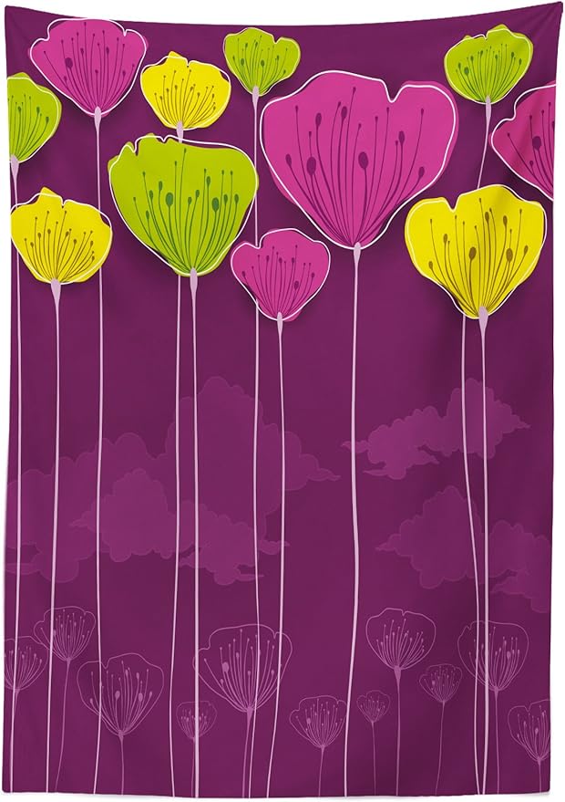 Ambesonne Floral Tablecloth, Colorful Sketchy Flower Poppies Field and Fluffy Clouds Landscape, Dining Room Kitchen Rectangular Table Cover, 52" X 70", Green Purple