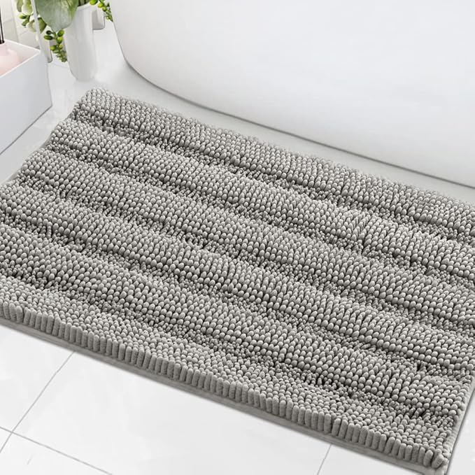 H.VERSAILTEX Bath Mats for Bathroom Non Slip Extra Thick Chenille Striped Bath Rug 24" x 36" Absorbent Non Skid Fluffy Soft Shaggy Rugs Washable Dry Fast Plush Mats for Indoor, Bath Room, Tub - Dove