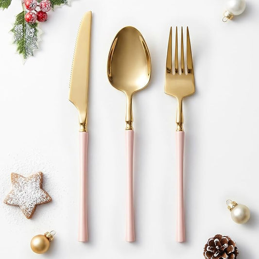 Lullaby 150pcs Gold Plastic Silverware, High End Disposable Cutlery with Pink Handle Include 50 Forks, 50 Spoons, 50 Knives, Perfect for Birthdays, Parties, Weddings, and More