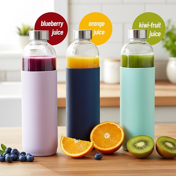 32 oz Glass Water Bottles with Lids and Silicone Sleeve, Reusable Juice Bottles with Stainless Steel Leak Proof Cap, Beverage Storage Containers for Juicing & Water, BPA Free Set of 3