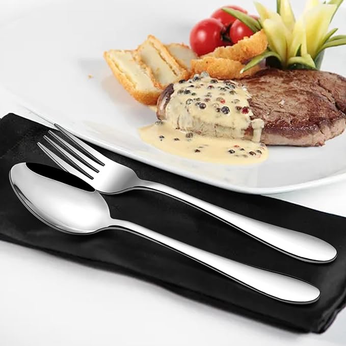 E-far 16-Piece Dinner Forks and Spoons, Stainless Steel Silverware Flatware Eating Utensils Set for Home Kitchen Restaurant, Food Grade Metal & Streamline Design, Mirror Finish & Dishwasher Safe, 8 In