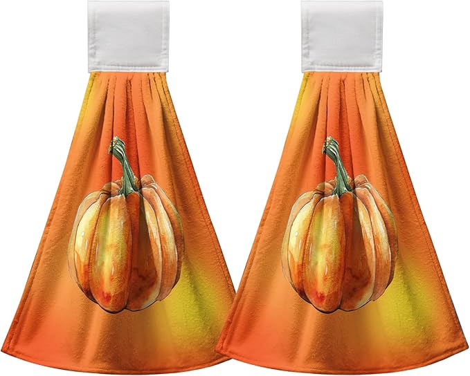 Fall Pumpkins Hanging Kitchen Towels 2 Pieces Orange Autumn Hanging Dish Towels Decorative Hand Towel Soft Lightweight Polyester Tie Towel for Kitchen Bathroom Dorm Home Decor 17 * 12 Inch