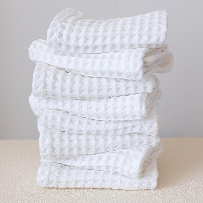 Waffle Washcloths Set of 8 White - Premium Quality 100% Turkish Cotton Face Washcloth, Soft Makeup Towel, Shower Cloth, Kitchen Towel (White, Set of 8 Washcloths)