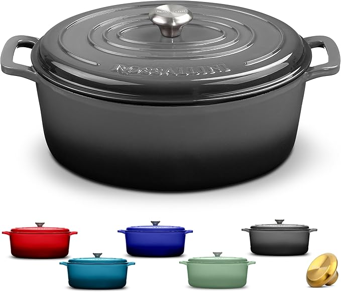 Signature Enameled Cast Iron Oval Dutch Oven | Non-Stick Serving Pot with Tight Fitting Lid for Perfect Roasting, Baking, Sauteing, and Bread Making | 15.5Q [Oyster Grey]