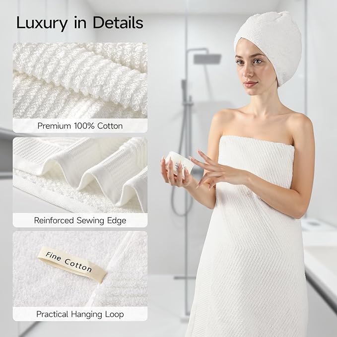 REDKISS Luxury Bath Towel Set of 8, 100% Cotton Bathroom Towels Set with 2 Bath Towels, 2 Hand Towels, 4 Washcloths, Ultra Soft Highly Absorbent Towels for Bathroom, Gym, Hotel, Spa, White