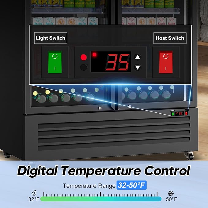 Commercial Beverage Refrigerator with 2 Glass Door, 383L Display Fridge Beverage Cooler with Customizable Lightbox Adjustable Shelves, Drink Fridge Merchandiser for Restaurant Shop, Black