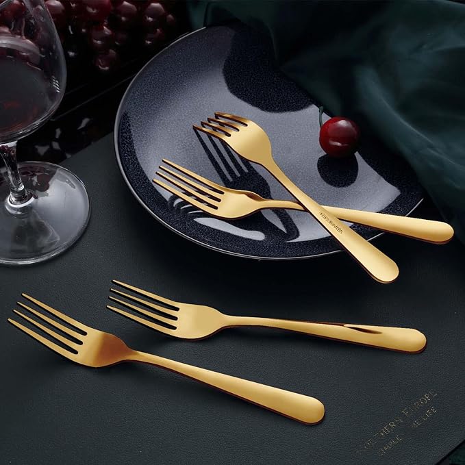 24 Pieces Dinner Forks Set (8 inch), Unokit Stainless Steel Dinner Forks Set of 24, Flatware Forks for Home, Kitchen or Restaurant - Mirror Polished, Dishwasher Safe - Gold