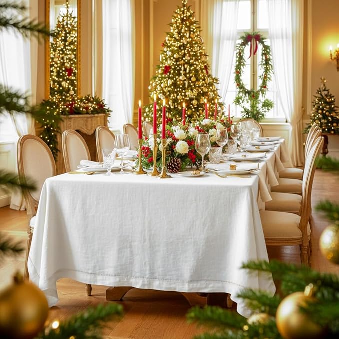 D'Moksha Homes White Linen Tablecloth 60 x 156 Inch - 100% Pure Linen White Tablecloth for Rectangle Tables - Classic Hemstitch, Machine Washable Table Cloth for Winter, Christmas, Holiday, New Year