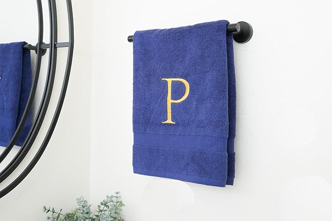 Navy Monogrammed Hand Towel for Bathroom - Initial Hotel Quality Decorative Embroidered Luxury Towel for Powder Room, Spa - GOTS Organic Certified - Set of 2 Gold Letter P