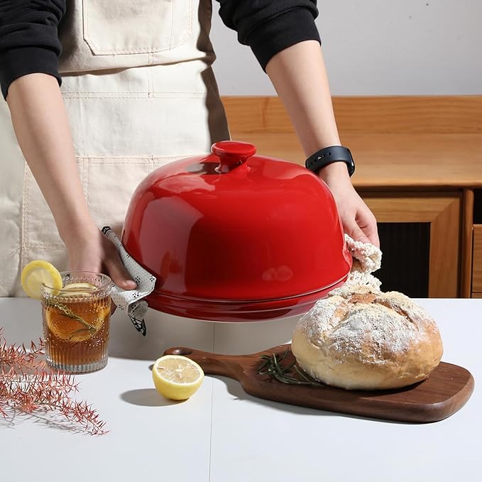Sweejar Ceramic Bread Oven with Lid, Large Sourdough Bread Baking Pan with Handle, 5QT Porcelain Round Bread Cloche For Baking, Cooking, Roasting (Red)