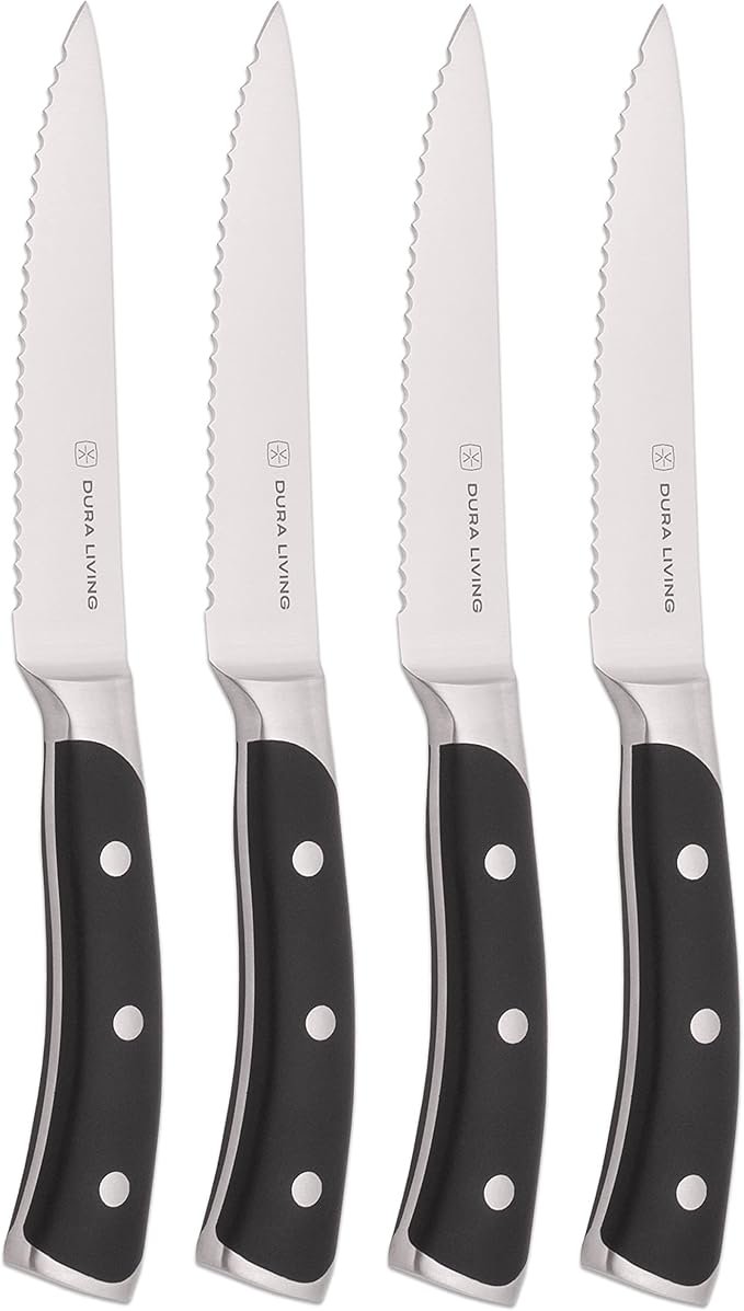 DURA LIVING 8-Piece Serrated Kitchen Steak Knife Set – Forged High Carbon Stainless Steel, Ultra Sharp, Ergonomic Black Handles, Durable Dinner Knives, Black Handle