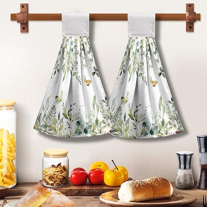 Eucalyptus Leaves Green Hanging Kitchen Towels Flowers Butterfly Hand Towels with Hanging Loop Sage Leaf Summer Dish Towel Washcloth Soft Tie Towel for Bath Kitchen