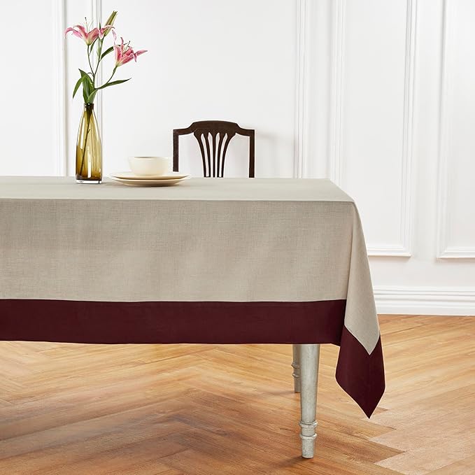 Solino Home Linen Tablecloth 60 x 108 Inch - 100% Pure Linen Burgundy and Natural Rectangular Tablecloth - Machine Washable Table Cloth for Valentines, Winter, New Year - Contempo
