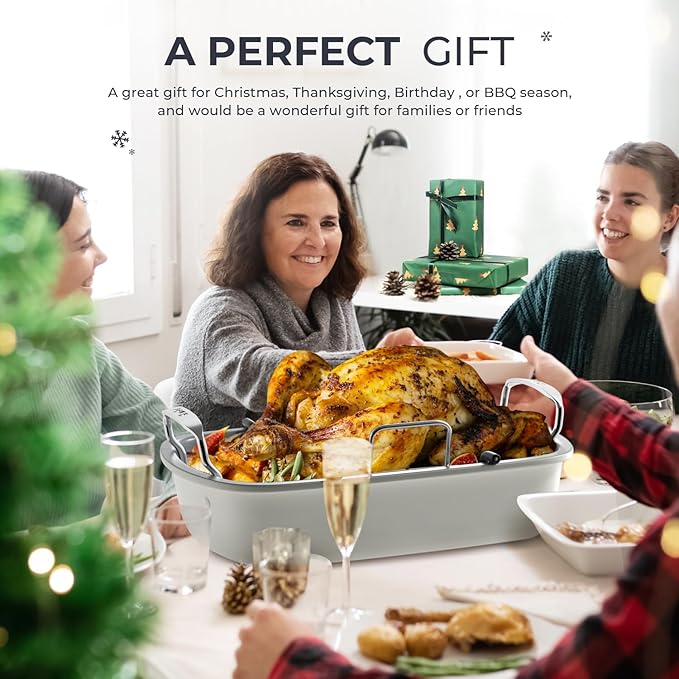 Roasting Pan, 17 Inch x 13 Inch Roaster with Removable Rack, Nonstick Roaster Pan for Roasting Turkey, Meat & Vegetables (Beige)