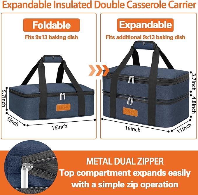 LHZK Double Insulated Casserole Carrier for Hot or Cold Food, Lasagna Holder Tote for Potluck Parties, Beach, Picnic, Travel, Fits 11x15 or 9x13 Dish (Blue)