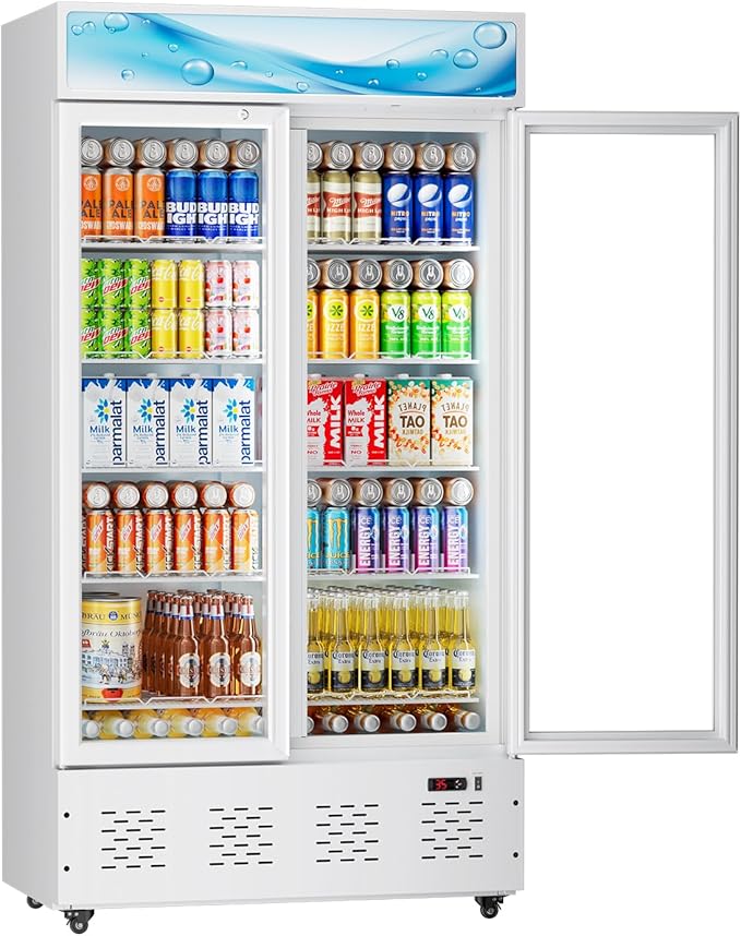 White Commercial Glass Door Display Refrigerator 30 Cu.ft Cooler Beverage Refrigerators with LED Light and 10 Shelves for Cafe Restaurant Store Bar