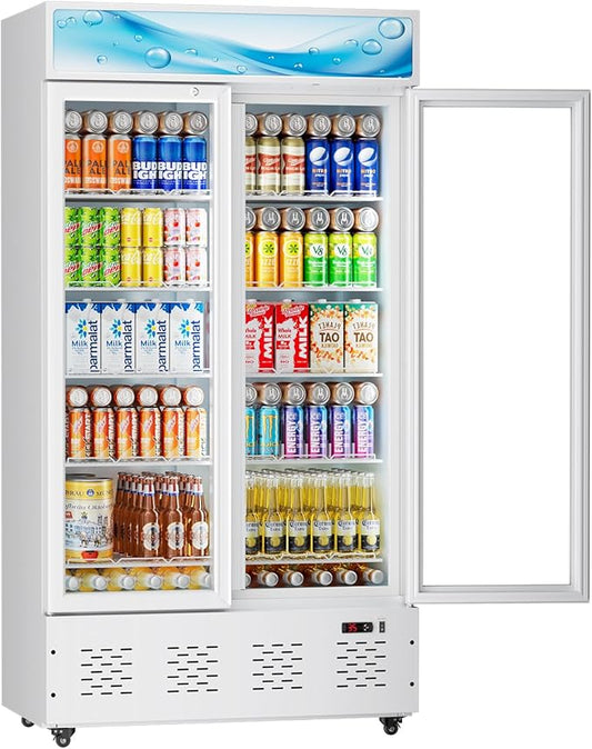 White Commercial Glass Door Display Refrigerator 30 Cu.ft Cooler Beverage Refrigerators with LED Light and 10 Shelves for Cafe Restaurant Store Bar