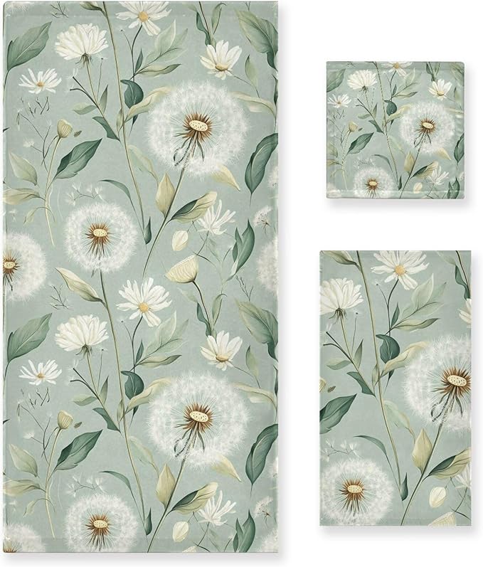 Sage Green Dandelion722 Decorative Towels for Bathroom Bath Towel Sets Absorbent Microfiber Fancy Beach Towels Bathroom Towel Washcloth Sets