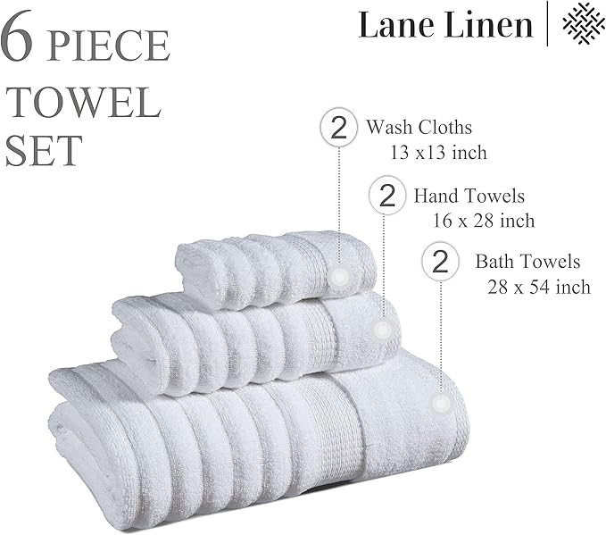 LANE LINEN White Bath Towels Set of 6-100% Cotton Towels for Bathroom, Hotel & Spa - Zero Twist, Premium Quality, Soft, Absorbent, Ribbed Bathroom Towel Set - Includes 2 Bath, 2 Hand & 2 Washcloths