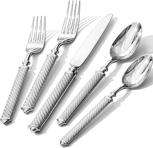 KINGSTONE Retro Rope-Pattern Silverware Set, 20-Piece Flatware Set Cutlery Set Forged with Handcrafted Texture Handles 18/10 Stainless Steel, Dishwasher Safe