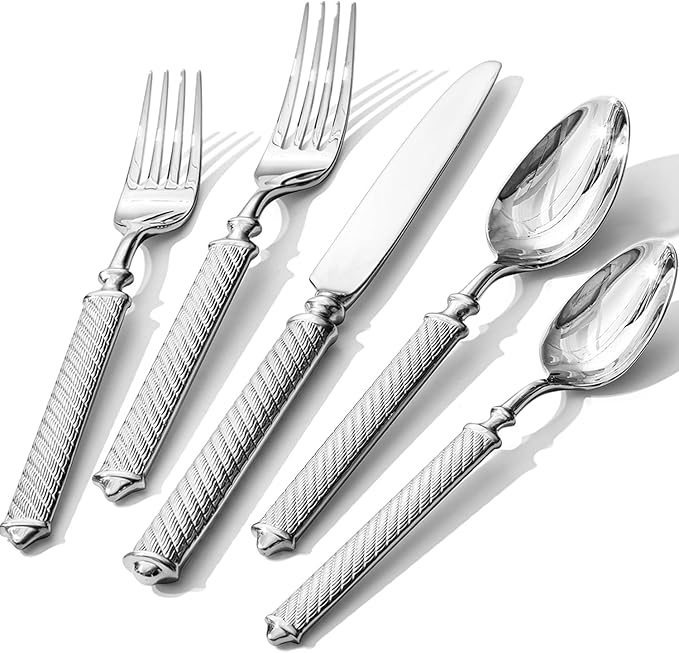 KINGSTONE Retro Rope-Pattern Silverware Set, 5-Piece Flatware Set Cutlery Set Forged with Handcrafted Texture Handles 18/10 Stainless Steel, Dishwasher Safe