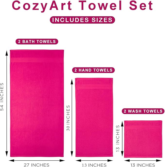 COZYART Hot Pink Bath Towel Set, Turkish Cotton Hotel Large Towel Bulk for Bathroom, Thick Bathroom Sets of 6 with 2 Bath Towels, 2 Hand Towels, 2 Washcloths, 650 GSM