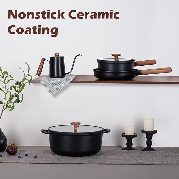 JEETEE Ceramic Cookware Sets 17 pcs, Healthy Pots and Pans Set Non Stick, Induction Kitchen Cooking Set with Removable Handles, Stackable Pots Pans, Oven Safe, PFOA/PFOS Free, Black