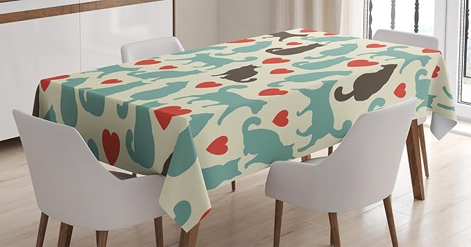 Ambesonne Cat Tablecloth, Pattern with Cats Hearts Happy Walking Shape Kitty Domestic Animal Pets, Dining Room Kitchen Rectangular Table Cover, 60" X 84", Turquoise