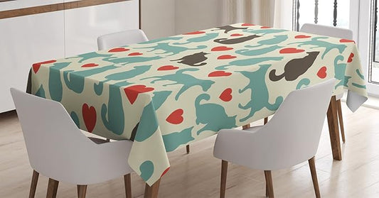 Ambesonne Cat Tablecloth, Pattern with Cats Hearts Happy Walking Shape Kitty Domestic Animal Pets, Rectangular Table Cover for Dining Room Kitchen Decor, 60" X 90", Turquoise