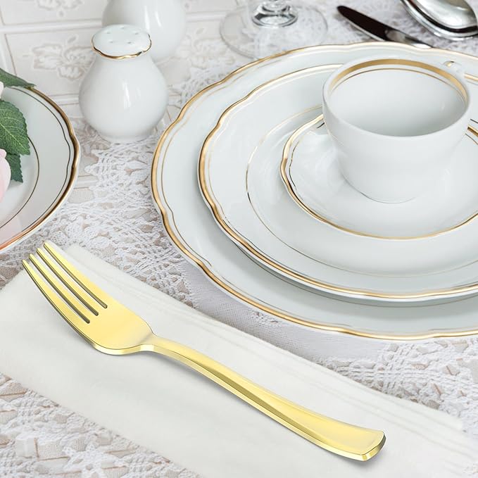 100 Count Heavy Duty Gold Plastic Forks Disposable, BPA-Free, Heat Resistant, Solid and Durable Premium Plastic Disposable Forks for Party Supply