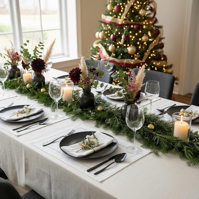 D'Moksha Homes White Linen Placemats Set of 4 - Classic Hemstitch Placemats 14 x 19 Inch - 100% Pure Linen Table Mats for Winter, Holiday, New Year - Handcrafted and Machine Washable