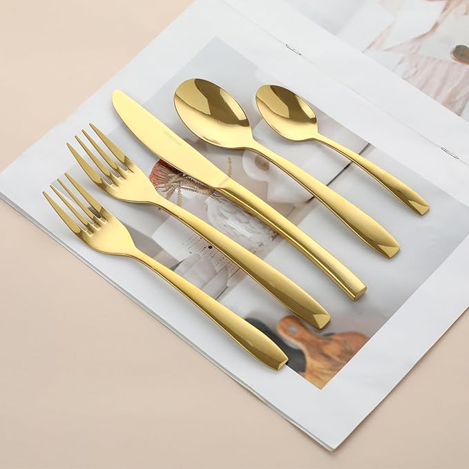 Gold 60 Piece Silverware Set,Stainless Steel Flatware Set for 12,18/0 Rust-Proof Cutlery Set with Forks & Spoons,Mirror Polished Dishwasher Safe - Heavy Duty Tableware for Home & Dining