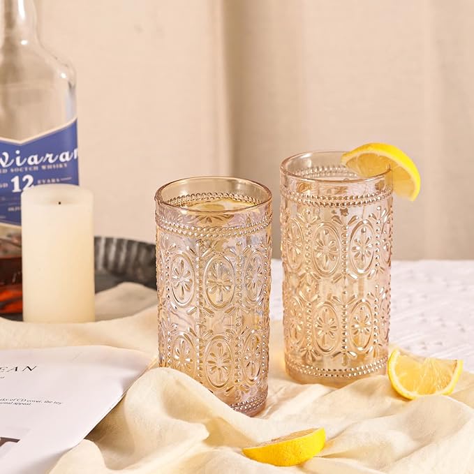 Amber Glassware set of 4 Vintage Drinking Glasses, 12oz Amber Heavy Duty Glass Cups, Old Fashioned Glass, Highball Glasses Set for Party Wedding Home Office Glassesware Gift