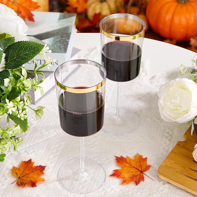 Ciaell 12 Pack Plastic Wine Glasses - 14 Oz Plastic Wine Glasses with Stem - Square Gold Disposable Stemmed Glass for Parties & Weddings & Outdoors & Christmas & New Year