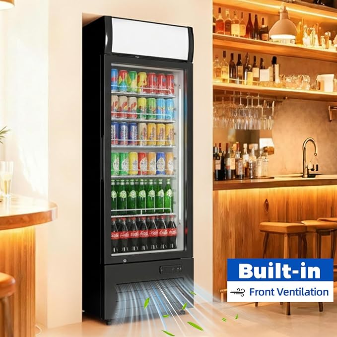 16.5 cu.ft Commercial Refrigerators with 1 Glass Door, Beverage Fridge with LED Light Display Upright Merchandiser, Drink Cooler with 5 Adjustable Shelves Black ETL Approved