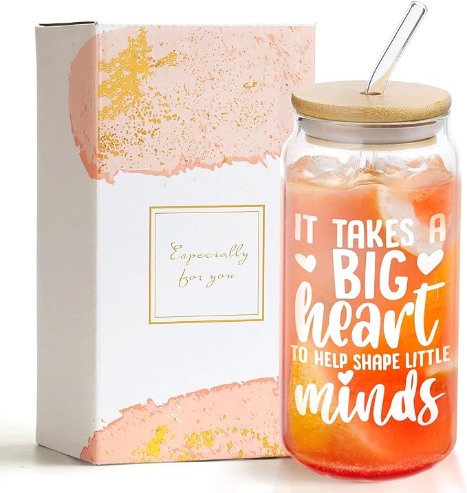 Christmas Teacher Appreciation Gifts, 16oz Glass Cup with Straw and Lid, Thanksgiving Teacher Gifts for Women, Christmas Teachers Appreciation Week, Birthday, Back To School,Retirement