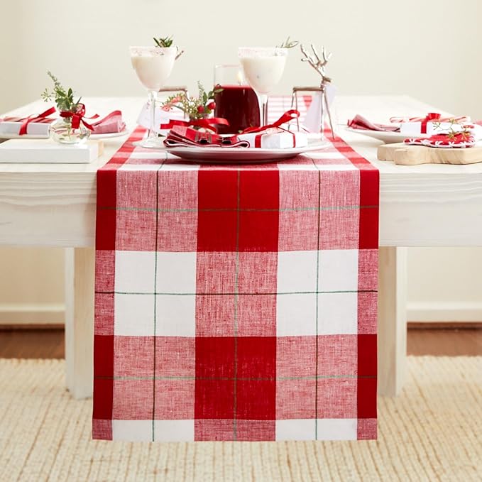 Solino Home Linen Plaid Table Runner 120 Inches Long - 100% Pure Linen Red and White Very Merry Tartan Plaid Table Runner 14 x 120 Inch for Dining, Holiday, New Year