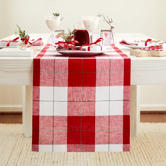 Solino Home Linen Plaid Table Runner 120 Inches Long - 100% Pure Linen Red and White Very Merry Tartan Plaid Table Runner 14 x 120 Inch for Dining, Holiday, New Year