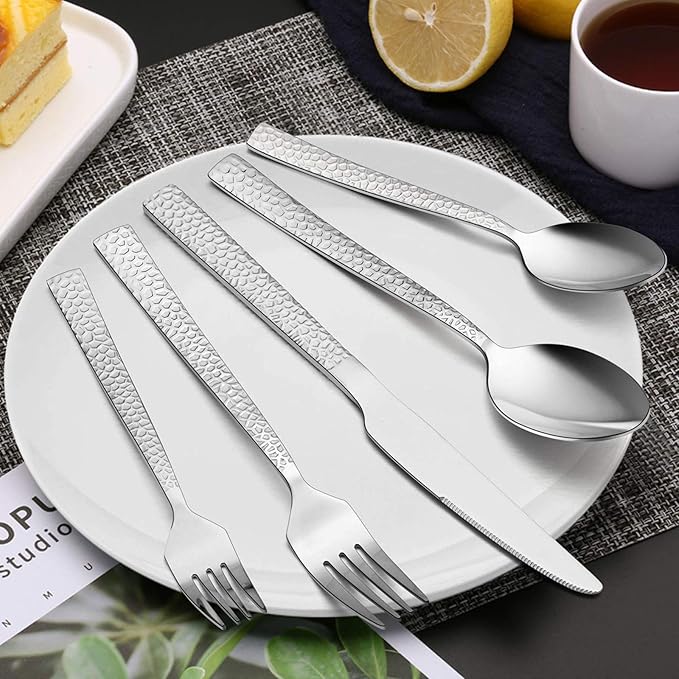 E-far Hammered Silverware Set, 40-Piece Stainless Steel Square Flatware Set for 8, Metal Tableware Cutlery Set Includes Dinner Knives/Forks/Spoons, Modern Design & Mirror Polished - Dishwasher Safe