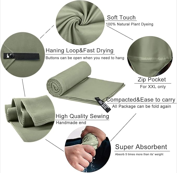 Microfiber Towel Perfect Travel & Gym & Camping Towel, Quick Dry - Super Absorbent - Ultra Compact - Lightweight. Suitable for Trip, Beach, Shower, Backpacking, Pool (Army Green)