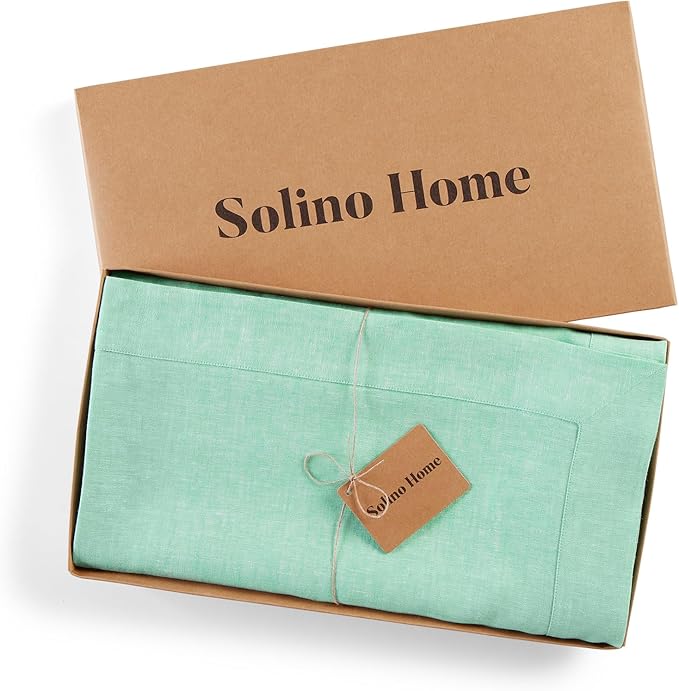 Solino Home Linen Tablecloth 60 x 108 Inch - 100% Pure Linen Chambray Aqua Table Cloth for Rectangle Tables - Athena, Machine Washable Tablecloth