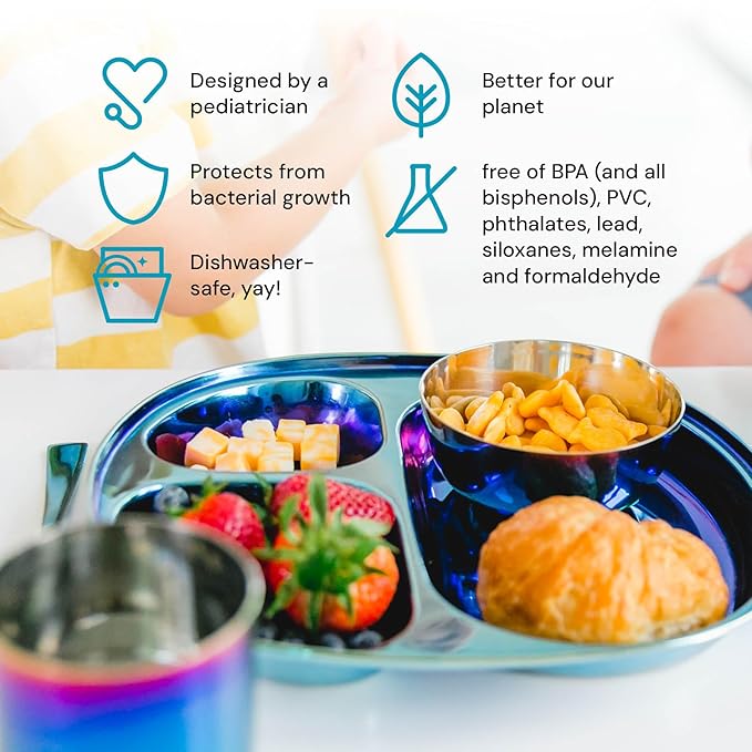 Ahimsa Stainless Steel Kids Dinnerware Set, Pediatrician Designed, 5 Piece Toddler Plates and Bowls Set, Stainless Steel Divided Plate, Cup and Kids Utensils, Blue