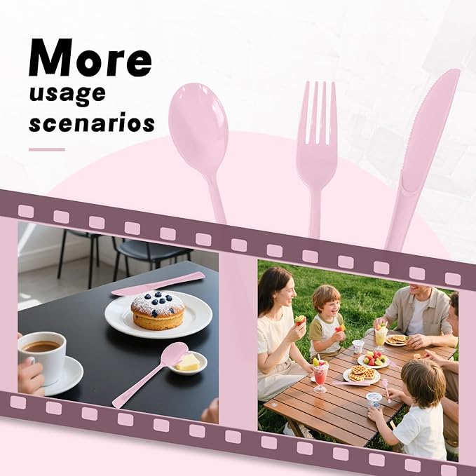 300 Pack Disposable Plastic Silverware, Heavy Duty Pink Plastic Cutlery Set Includes 100 Forks 100 Knives 100 Spoons for Birthday Wedding Party Picnics (300, Pink)