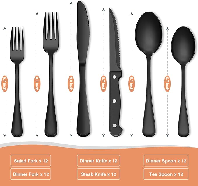 72-Piece Black Silverware Set, Umite Chef Flatware Set with Steak Knives for 12, Food-Grade Stainless Steel Cutlery Set, Includes Spoons Forks Knives, Kitchen Cutlery for Home Office Restaurant Hotel