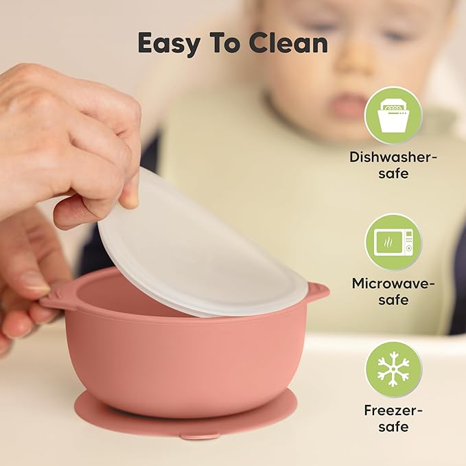 KeaBabies 2-Pack Baby Bowls with Suctions, Lids - Silicone Toddler Suction Bowls for Baby Boy, Girl, Kids, Food Grade Silicone, BPA-Free, Dishwasher Safe, Toddler Eating Essentials (Roseate)