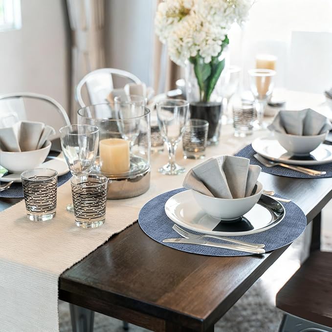 Maxpearl Round Placemats Set of 6, 13.8 inch Faux Leather Heat Resistant Table Mats, Non Slip Waterproof Wipeable Place Mats for Kitchen Dining Holiday Party Table Settings, Blue